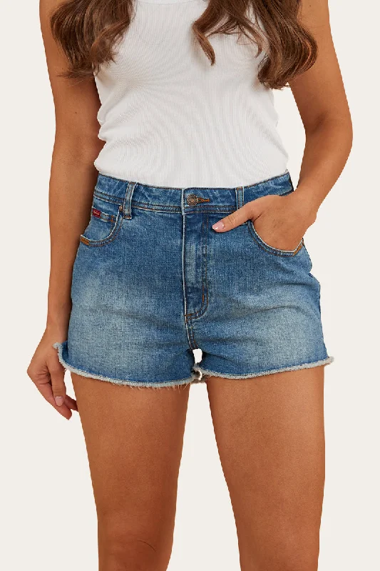 Linen shorts – Lightweight and breathable shorts made from linen, ideal for hot weather.Gracie Womens Denim Short - Mid Wash Blue