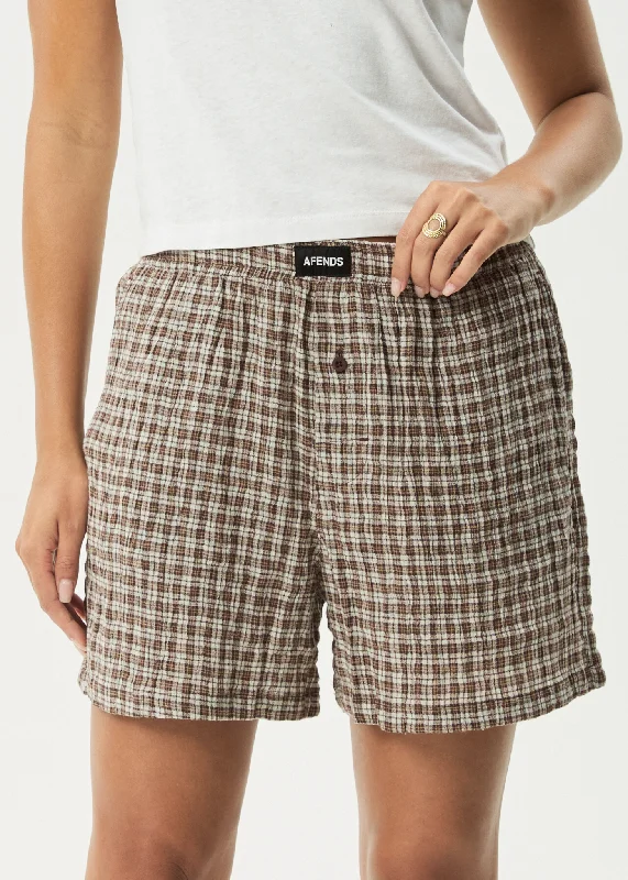 Floral print shorts – Shorts featuring vibrant floral patterns, perfect for a fresh, summery style.AFENDS Womens Base - Seersucker Check Boxer Short - Coffee Check