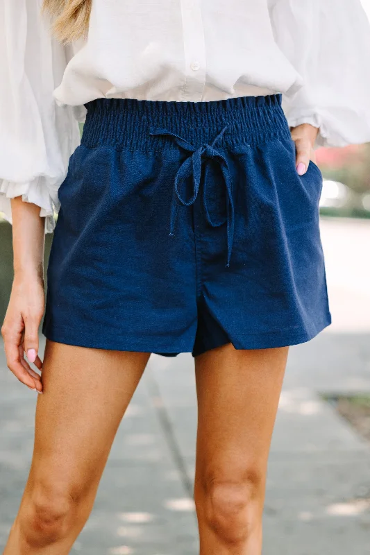 Lace shorts – Shorts made from delicate lace fabric, often worn for a dressier or romantic look.Everyday Happiness Navy Blue Linen Shorts