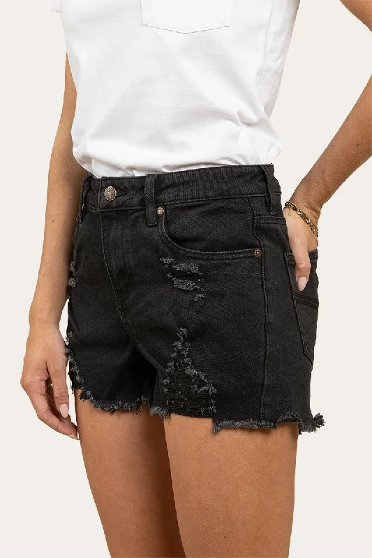 Denim shorts – Shorts made from denim fabric, often associated with a casual, summery vibe.Jessie Womens Mid Rise Ripped Denim Short - Black