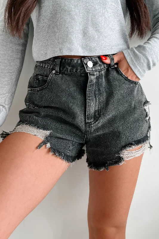 Culottes – Wide-legged, knee-length or mid-calf shorts that resemble a skirt but are more comfortable and practical.Avril High Rise Distressed Denim Shorts (Black)