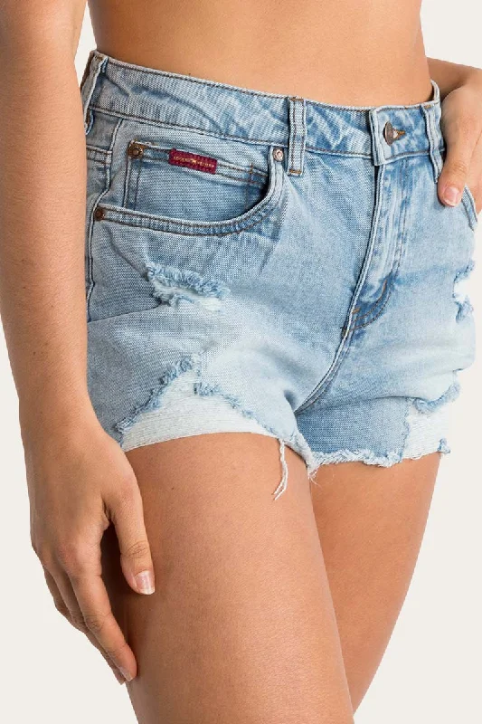 Button-front shorts – Shorts with a button-up closure at the front for a chic, stylish detail.Jessie Womens Mid Rise Ripped Denim Short - Vintage Light Blue