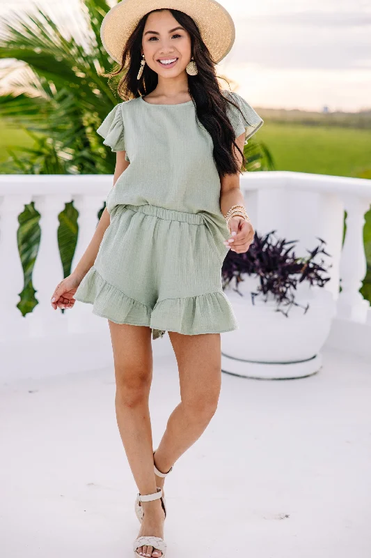 Button-front shorts – Shorts with a button-up closure at the front for a chic, stylish detail.Feeling Flirty Light Sage Green Set