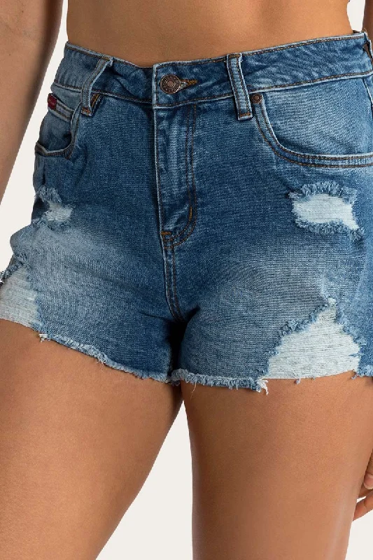 Pleated shorts – Shorts with pleats at the waist for extra volume or texture, creating a more sophisticated appearance.Jessie Womens Mid Rise Ripped Denim Short - True Blue