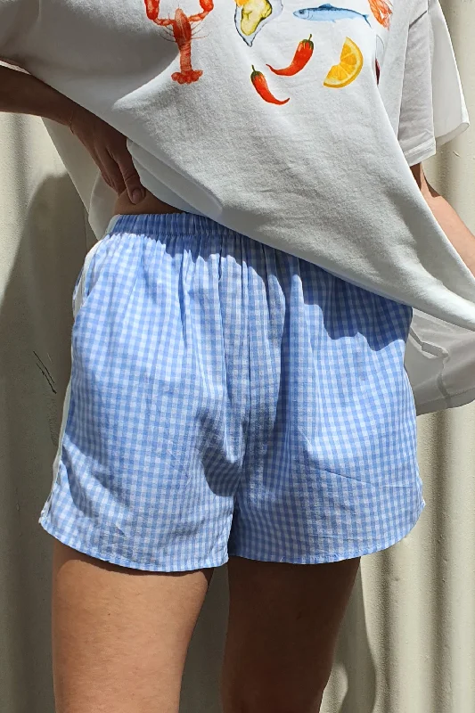 High-waisted shorts – Shorts that sit above the natural waistline for a flattering, elongating look.By Frankie - Racer Shorts, Blue Gingham