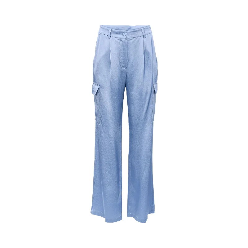 Wide-waistband trousers – Trousers with a thick waistband, often providing a more structured or comfortable fit.Sfizio Women's Satin Blue Bizard Pant