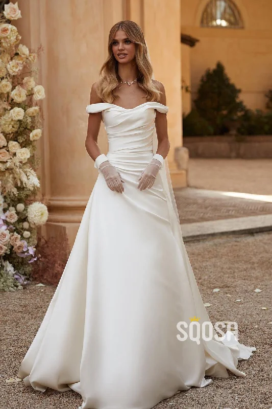 Slip dress – Simple, silky dress with spaghetti straps, resembling a slip, often worn casually or for evening wear.Off the Shoulder Pleats A Line Rustic Wedding Dress Bridal Gown QW2082