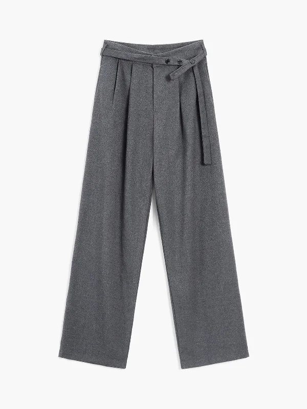 Maternity trousers – Trousers specifically designed for expectant mothers, with an adjustable waistband for comfort.BerryBetty - Asymmetric Buttoned Pleat Straight Leg Dress Pants