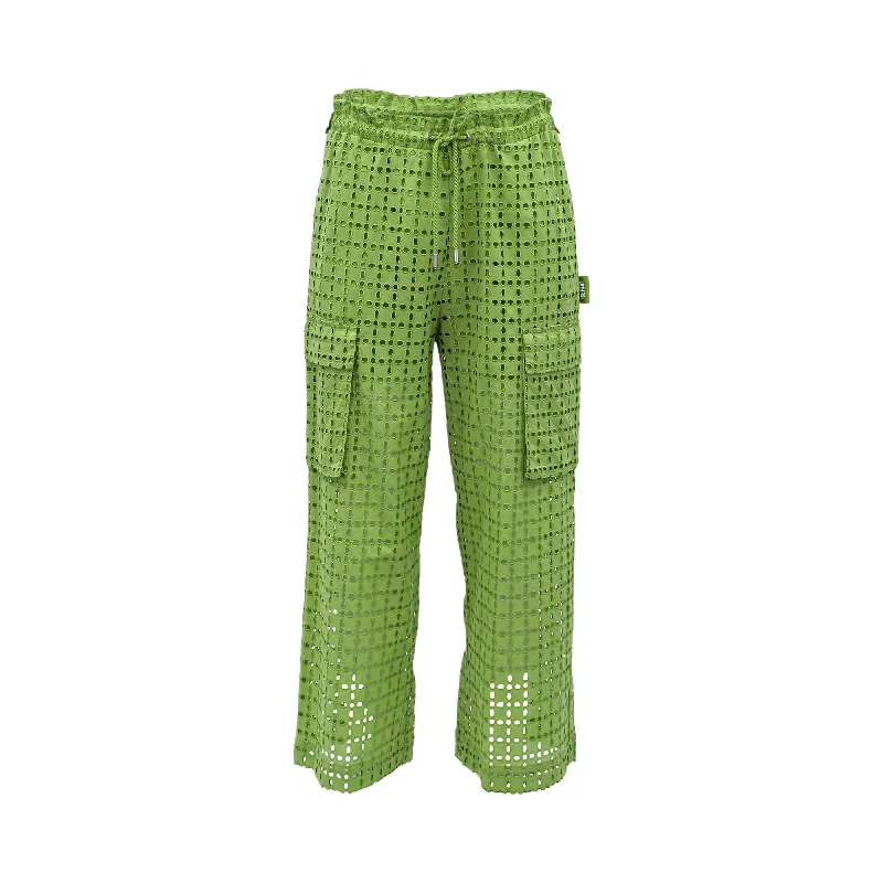 Wide-waistband trousers – Trousers with a thick waistband, often providing a more structured or comfortable fit.Ice Play Women's Green Wide Leg Trouser