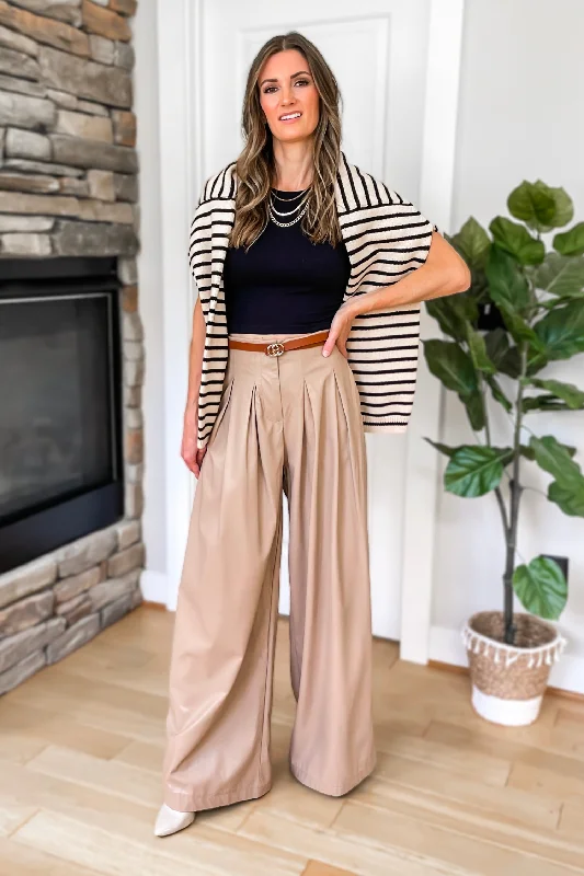 Bootcut trousers – Slightly flared at the bottom, designed to accommodate boots underneath.Before Long Faux Leather Pleated Wide Leg Pants - Latte