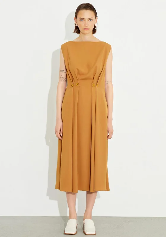 Sundress – Light, sleeveless dress typically worn in warm weather, often made from cotton or linen.Birelin Double Button Pleated Midi Dress, Tobacco