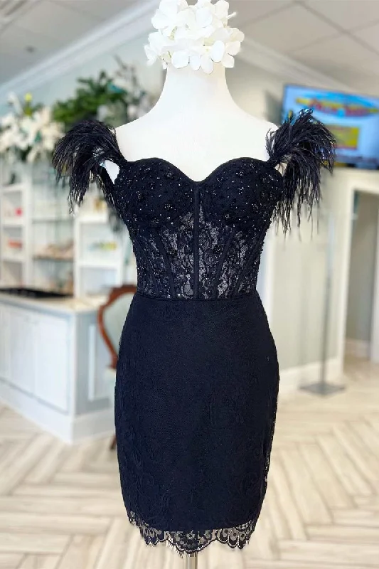 Tulle dress – Dress made with soft, voluminous tulle fabric, often worn for formal occasions or as part of a bridal outfit.Black Feather Off-Shoulder Beaded Bodycon Homecoming Dress