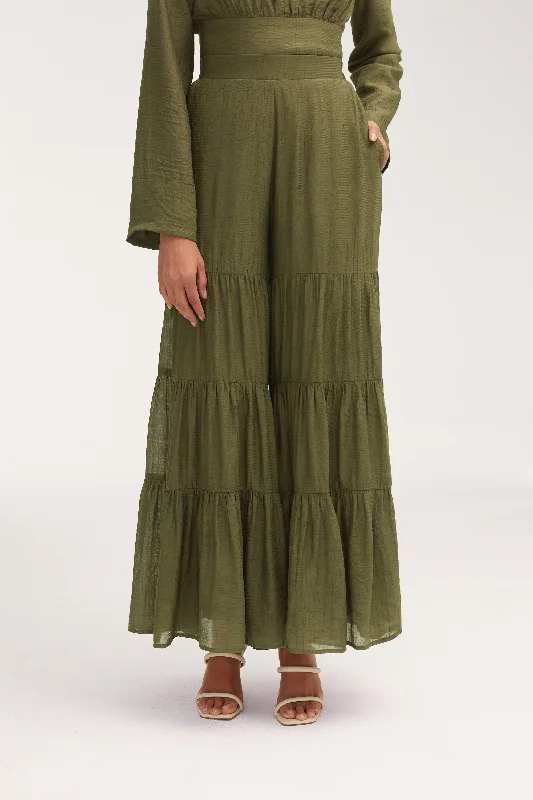 Denim trousers – Made from denim fabric, often resembling jeans but styled as more formal trousers.Bushra Palazzo Wide Leg Pants - Olive