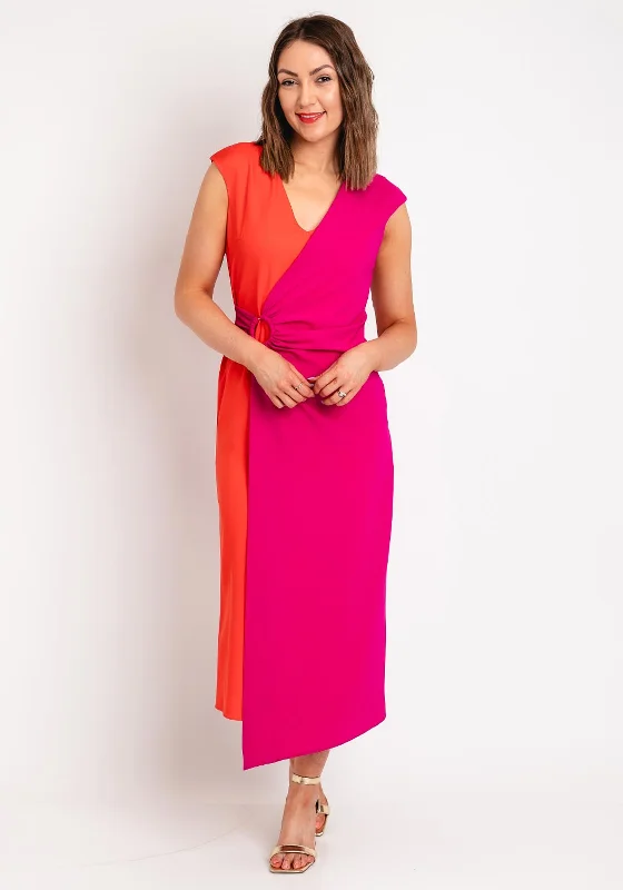 Wrap dress – Dress that wraps around the body and ties at the waist, creating a flattering and adjustable fit.Casting Colour Block Faux Wrap Midi Dress, Fuchsia & Orange