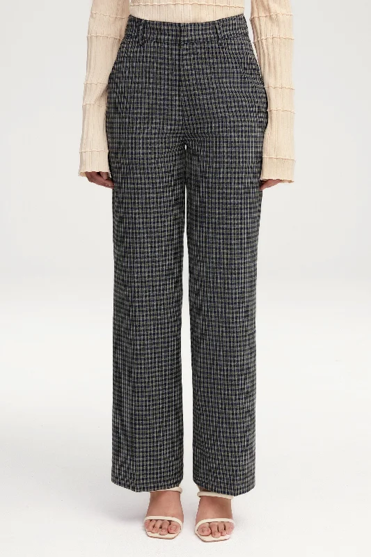 Bootcut trousers – Slightly flared at the bottom, designed to accommodate boots underneath.Checkered Blue Wide Leg Pants