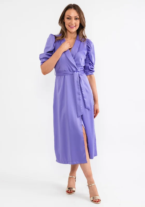 Lace dress – Dress made with lace fabric, often delicate and romantic, suitable for special occasions.Closet London Satin Tie Waist Wrap Dress, Purple