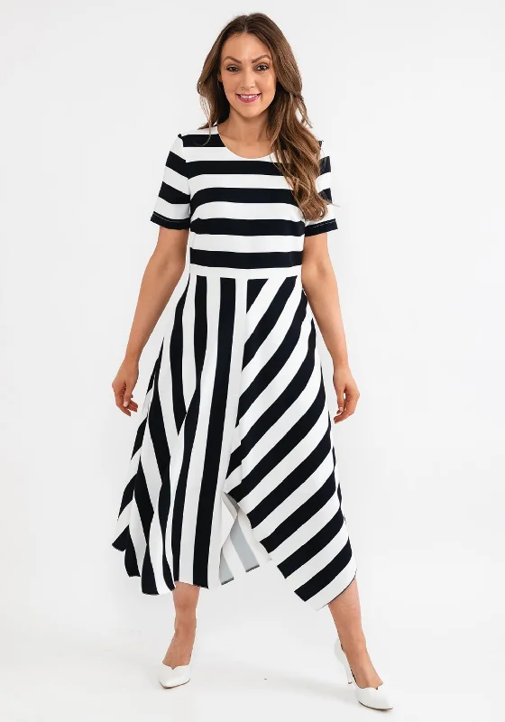 Fit-and-flare dress – Dress that is fitted at the top and flares out at the bottom, offering a feminine and flattering shape.Coco Doll Hara Geometric Stripe Maxi Dress, Black & White