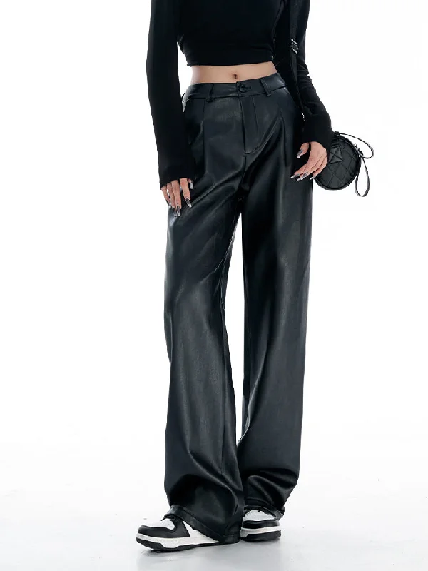 Button-front trousers – Trousers that feature a row of buttons along the waistband for a stylish detail.BerryBetty - Comfort Club Faux Leather Straight Leg Pants