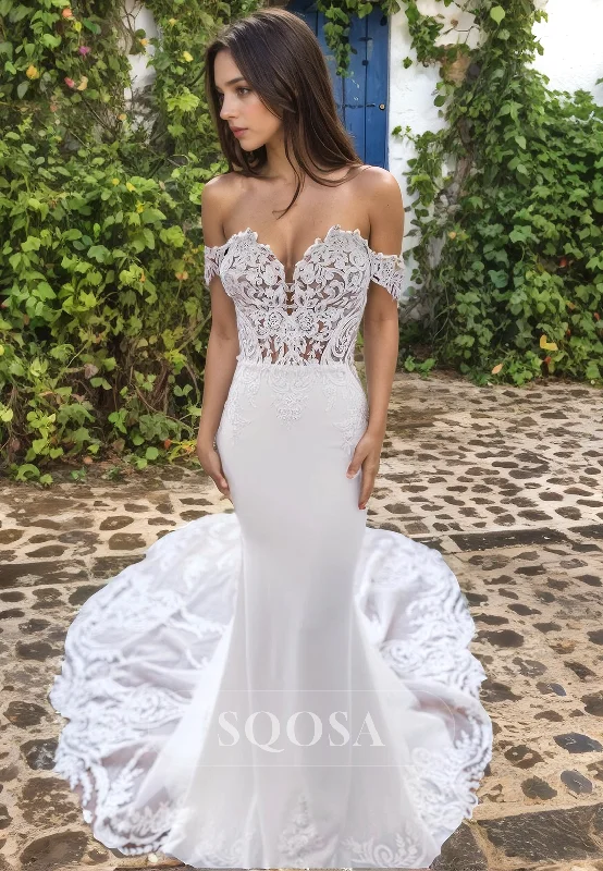 Shift dress – Loose, straight-cut dress that doesn't define the waist, offering a more relaxed fit.Mermaid Off Shoulder Lace Appliques Romantic Wedding Dress with Train