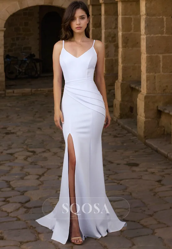 Cocktail dress – Dress typically worn for semi-formal events, often knee-length or slightly above.Spaghetti Straps Pleats Mermaid Wedding Dress with Slit Bridal Gown