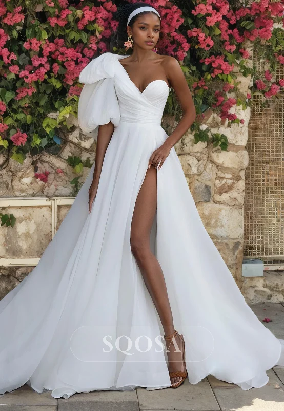 Midi dress – Dress that falls to the mid-calf, giving a balanced, modest, yet stylish appearance.A Line One Shoulder High Split Elegant Wedding Dress with Train