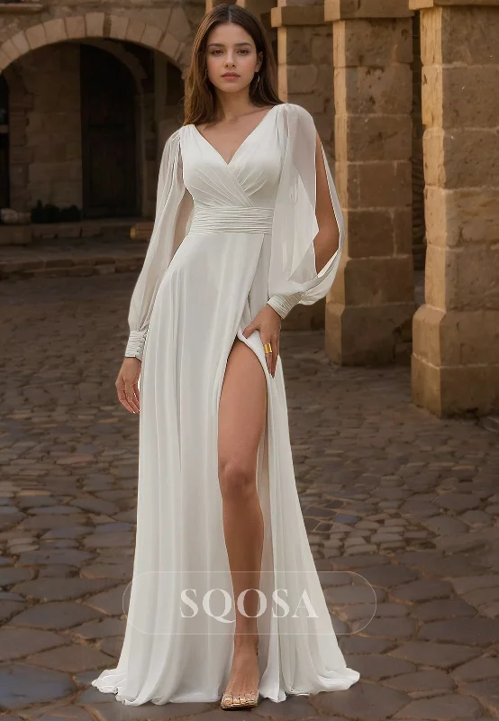 Fit-and-flare dress – Dress that is fitted at the top and flares out at the bottom, offering a feminine and flattering shape.A Line V Neck Chiffon Pleats Long Sleeves Beach Wedding Dress with Slit