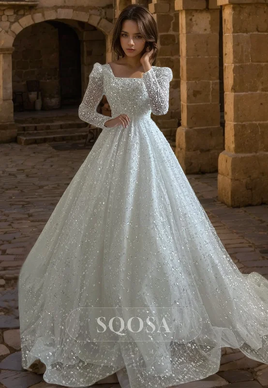 Tea-length dress – Dress that falls between the knee and ankle, perfect for more formal or vintage-inspired occasions.Ball Gown Scoop Long Sleeves Romantic Wedding Dress