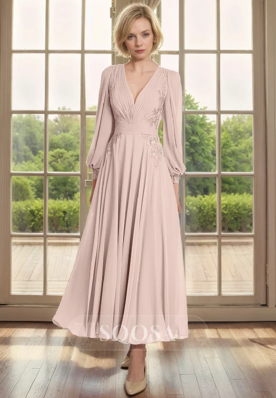 Wrap dress – Dress that wraps around the body and ties at the waist, creating a flattering and adjustable fit.A Line V Neck Chiffon Appliques Long Sleeves Mother of the Bride Dress Elegant Cocktail Dress