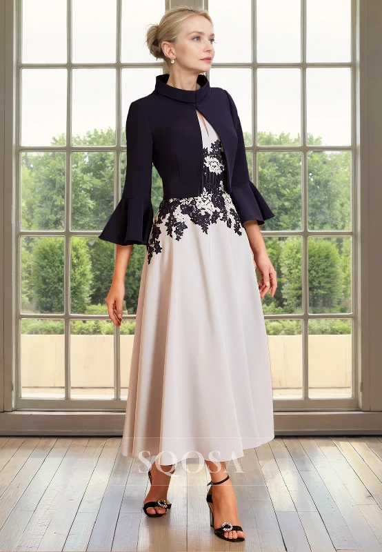 Wrap dress – Dress that wraps around the body and ties at the waist, creating a flattering and adjustable fit.A Line Scoop Short Sleeves Lace Appliques Elegant Mother of the Bride Dress with Jacket