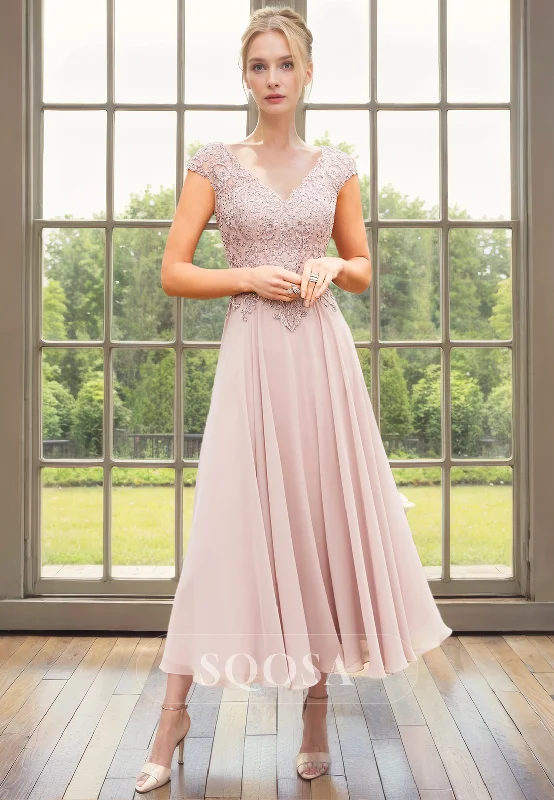 Bodycon dress – Tight-fitting dress that hugs the body and emphasizes curves.A Line V Neck Appliques Short Sleeves Elegant Mother of the Bride Dress