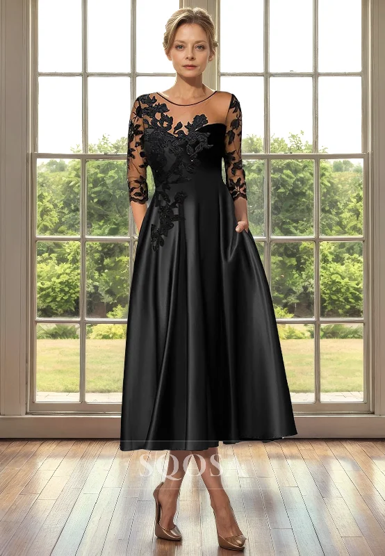 Slip dress – Simple, silky dress with spaghetti straps, resembling a slip, often worn casually or for evening wear.A line Illusion Neckline 3/4 Sleeves Lace Apliques Mothe of the Bride Dress with Pockets