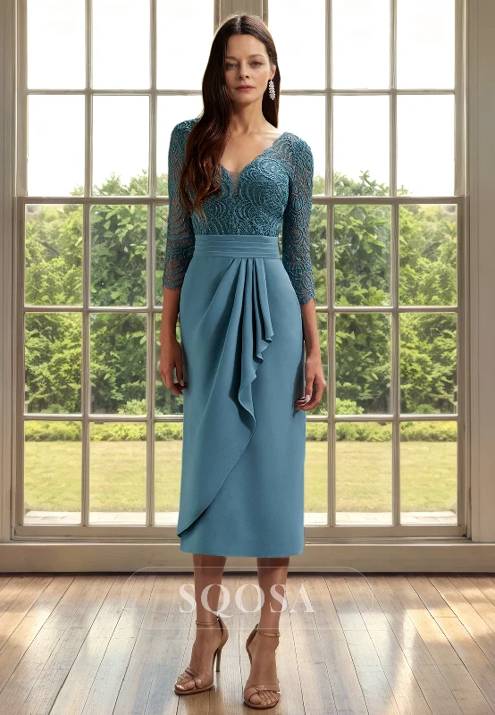 Lace dress – Dress made with lace fabric, often delicate and romantic, suitable for special occasions.Sheath V Neck 3/4 Sleeves Lace Cocktail Dress Elegant Mother of the Bride Dress