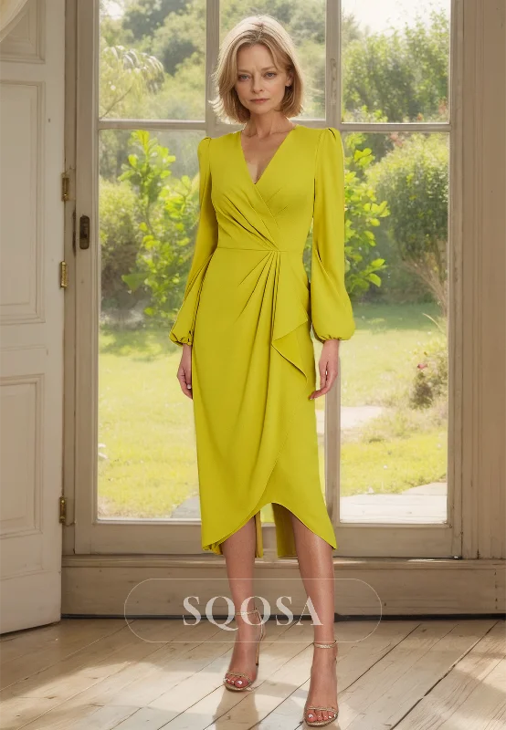 Maxi dress – Long dress that typically reaches the ankles or floor, offering a flowing and elegant look.V-Neck Pleated Satin Fitted Mother of the Bride Dress Long Sleeves Knee Length Cocktail Dress