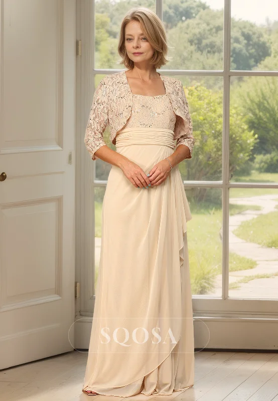 T-shirt dress – Casual dress made from T-shirt-like material, typically loose-fitting and comfortable.Scoop-Neck 3/4 Sleeves Lace Blouson Mother of the Bride Dress for Wedding Pleated Fitted Cocktail Gowns