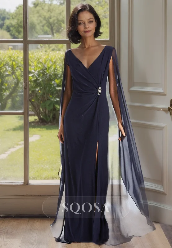 Wrap dress – Dress that wraps around the body and ties at the waist, creating a flattering and adjustable fit.V-Neck Sleeveless Tulle Pleated Fitted Floor-Length Mother of the Bride Dress with Slit