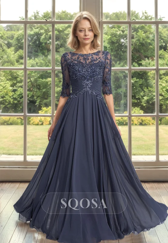 Maxi dress – Long dress that typically reaches the ankles or floor, offering a flowing and elegant look.Scoop-Neck Half-Sleeves Tulle A-Line Mother of the Bride Dress Pleated Applique Cutout Cocktail Gowns