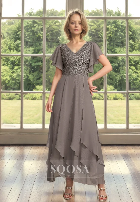 Belted dress – Dress with a belt or waist tie, offering definition and shaping at the waist.V-neck Cap-Sleeves Tulle A-Line Cocktail Gowns Pleated Applique Floor-Length Mother of the Bride Dress