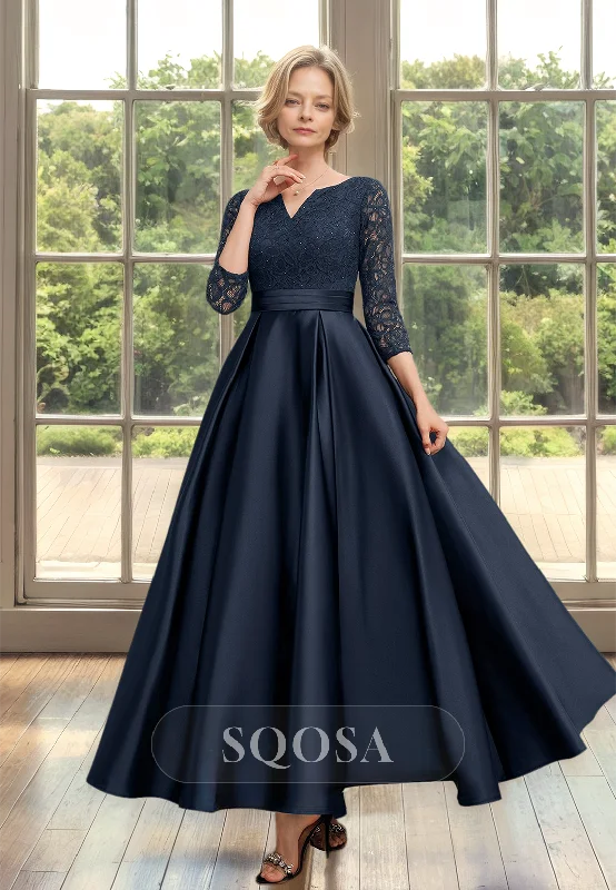 Tea-length dress – Dress that falls between the knee and ankle, perfect for more formal or vintage-inspired occasions.A-Line V-neck Long-Sleeves Satin Cocktail Gowns Pleated Lace Applique Beaded Cutout Mother of the Bride Dress