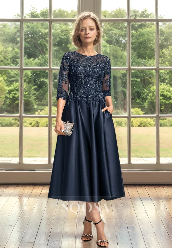 Corset dress – Dress designed with a built-in corset or lace-up feature to create a cinched, structured waist.3/4 Sleeves Scoop-Neck Applique A-Line Mother of the Bride Dress Pleated Beaded Cutout Satin Cocktail Gowns