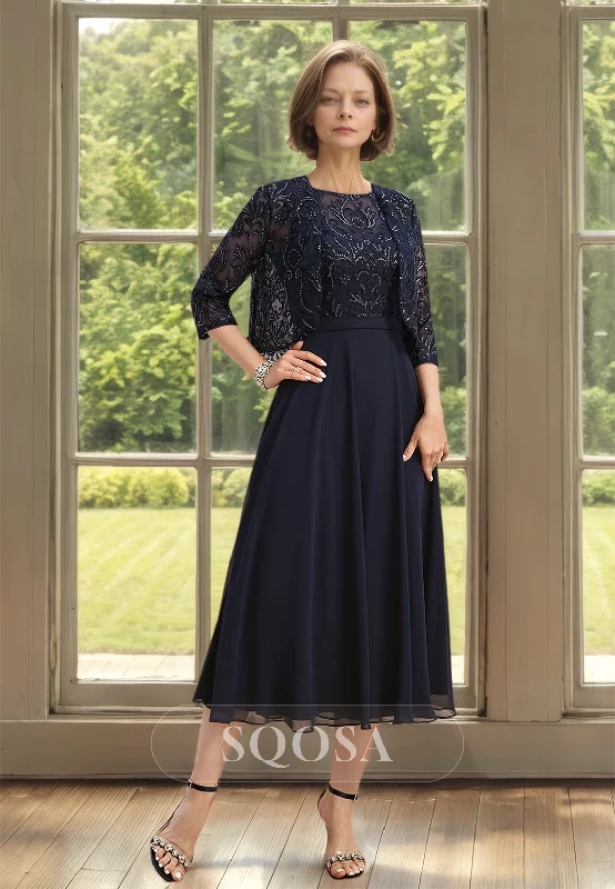 Fit-and-flare dress – Dress that is fitted at the top and flares out at the bottom, offering a feminine and flattering shape.Scoop-Neck Chiffon A-Line Pleated Beaded Cutout Mother of the Bride Dress with Lace Applique Coat