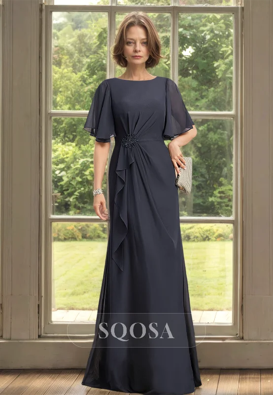 Slip dress – Simple, silky dress with spaghetti straps, resembling a slip, often worn casually or for evening wear.Half-Sleeveles Scoop-Neck Fitted Mother of the Bride Dress Pleated Beaded Chiffon Cocktail Dress