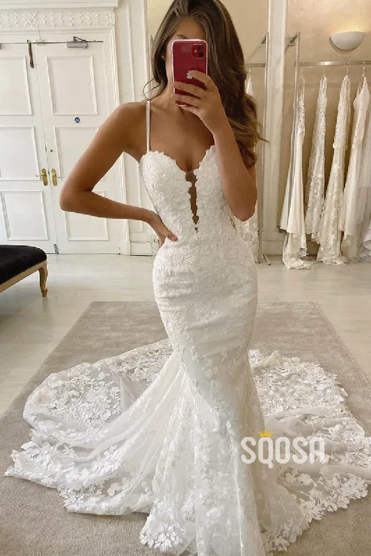 Off-the-shoulder dress – Dress with sleeves or straps that sit below the shoulders, exposing the upper arms.Mermaid/Trumpet Spaghetti Straps Lace Appliques Rustic Wedding Dress Bridal Gown QW2240