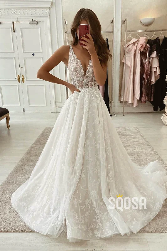 Tea-length dress – Dress that falls between the knee and ankle, perfect for more formal or vintage-inspired occasions.A-line V-neck Lace Wedding Dress Rustic Wedding Gown with Sweep Train QW2248