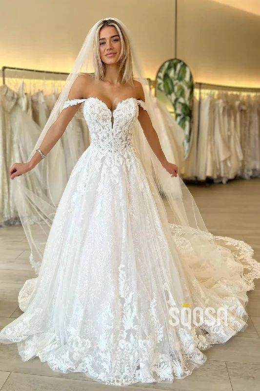 Maxi dress – Long dress that typically reaches the ankles or floor, offering a flowing and elegant look.Off the Shoulder Romantic Lace Wedding Dress Bridal Gown QW2291