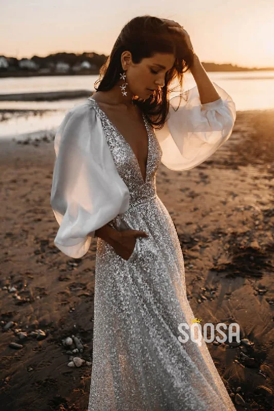 Midi dress – Dress that falls to the mid-calf, giving a balanced, modest, yet stylish appearance.Attractive V-neck Bat Sleeves Sparkly Bohemian Wedding Dress QW2400