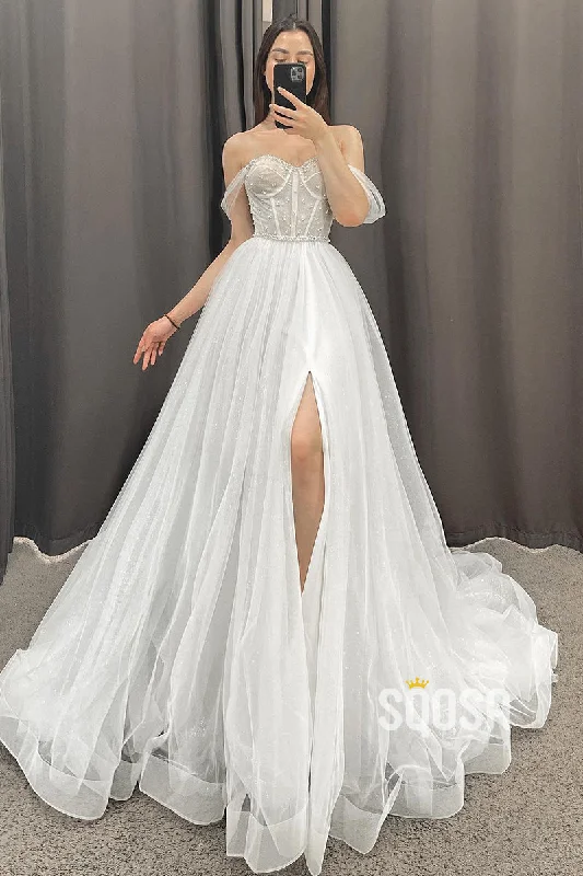 V-neck dress – Dress with a V-shaped neckline that flatters the chest and elongates the neck.A-line Off the Shoulder Beads High Split Rustic Wedding Dress QW2416