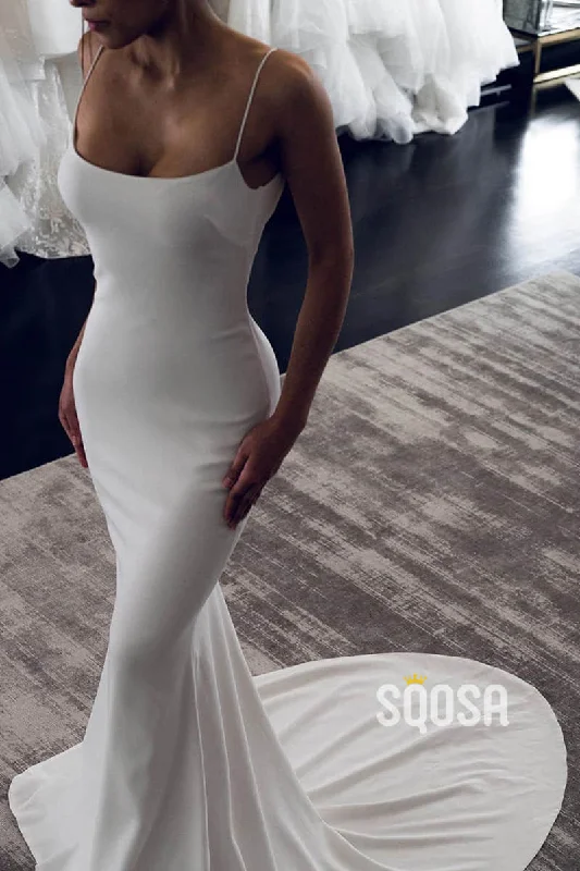 A-line dress – Dress that is fitted at the top and gradually flares out, creating an A-shape silhouette.Unique Scoop Elastic Satin Simple Wedding Dress Open Backless