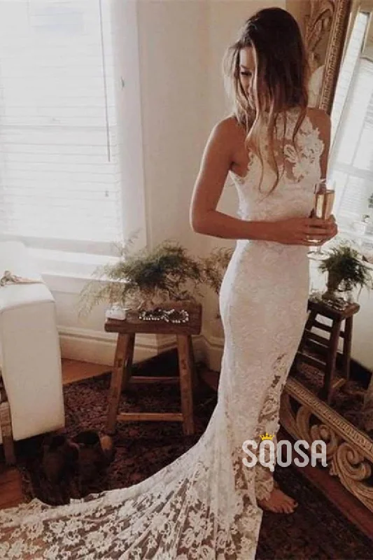 Mini dress – Short dress that usually ends above the knee, often casual or party wear.Unique Jewel Exquisite Ivory Lace Bohemian Wedding Dress with Slit QW2550