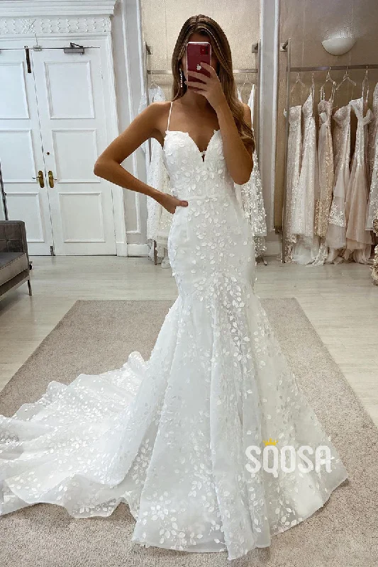 Corset dress – Dress designed with a built-in corset or lace-up feature to create a cinched, structured waist.Allover Lace Wedding Dress Spaghetti Straps Mermaid Bridal Gown QW2562