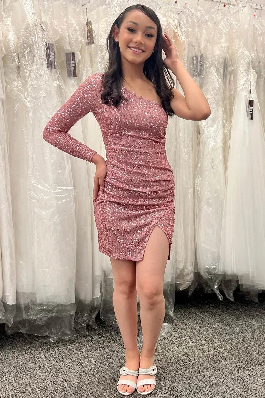 Slip dress – Simple, silky dress with spaghetti straps, resembling a slip, often worn casually or for evening wear.Dusty Rose One-Shoulder Sequins Short Homecoming Dress